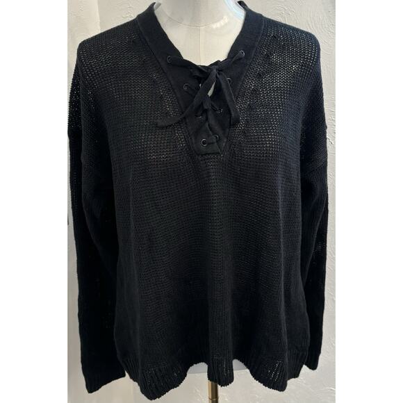 J.CREW Sweaters - J. Crew Women’s Black Lace Up Beach Open Knit Sweater Size Large Linen Boxy